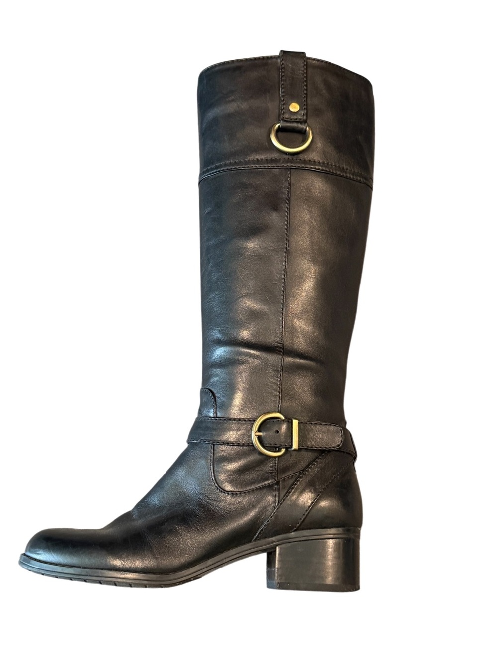 Bandolino Black Leather Mid-Heel Riding Boots with Buckle Rings